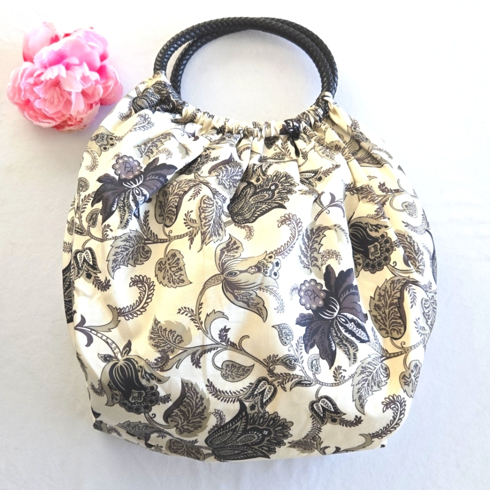 New! Penelope Ann Handbag With Braided Double Handle Floral Cream Gray Black